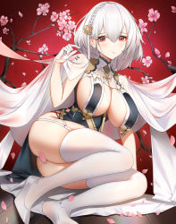 Rule 34 | 1girl, absurdres, ass, azur lane, blush, braid, branch, breast curtains, breasts, cherry blossoms, china dress, chinese clothes, cleavage, dress, flower, garter straps, gloves, gradient background, grey dress, hair between eyes, hair flower, hair ornament, half gloves, high heels, highres, large breasts, legs, looking at viewer, neckwear between breasts, open mouth, pelvic curtain, red background, red eyes, revealing clothes, see-through, short hair, side braid, sideboob, sirius (azur lane), sirius (azure horizons) (azur lane), solo, thighhighs, white footwear, white gloves, white hair, white thighhighs, wu ganlan cai