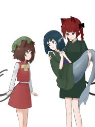 Rule 34 | 3girls, absurdres, animal ears, blunt bangs, bow, braid, brown eyes, brown hair, carrying, carrying person, cat ears, cat tail, chen, eyebrows hidden by hair, highres, kaenbyou rin, mori dobonua (mordvna), multiple girls, multiple tails, nekomata, red hair, short hair, smile, tail, touhou, two tails, wakasagihime