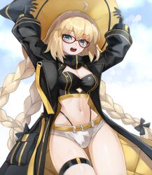 Rule 34 | 1girl, aesc (9th anniversary) (fate), aesc (fate), blonde hair, blue eyes, blush, braid, breasts, cleavage, fate/grand order, fate (series), glasses, hat, highleg, highleg panties, highres, large breasts, long hair, long sleeves, looking at viewer, official alternate costume, open mouth, panties, shorts, solo, thighs, twin braids, umeo (pixiv51103813), underwear, witch hat