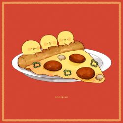 Rule 34 | artist name, beak, bird, border, chick, closed eyes, closed mouth, commentary, food, food focus, highres, mushroom, no humans, open mouth, original, pepperoni, pizza, plate, red background, simple background, symbol-only commentary, tenmiyakiyo, yellow border