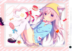 Rule 34 | 1girl, absurdres, animal ears, artist name, azur lane, bell, between legs, black footwear, blue bow, blue shirt, blush, bow, candy, candy wrapper, cat ears, cat girl, cat tail, cookie, ears through headwear, food, hair ribbon, hat, heart, heart tail, highres, jingle bell, kindergarten uniform, kisaragi (azur lane), lollipop, long hair, long sleeves, looking at viewer, mary janes, one side up, parted lips, pink hair, pleated skirt, purple eyes, red bow, red ribbon, ribbon, scan, school hat, shiratama (shiratamaco), shirt, shoes, skirt, solo, star (symbol), swirl lollipop, tail, tail bell, tail between legs, tail bow, tail ornament, thighhighs, very long hair, white thighhighs, wrapped candy, yellow hat, yellow skirt