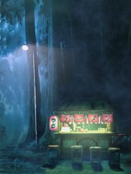 Rule 34 | banner, commentary request, dark, flat (oab71kq), food, food stand, forest, glowing, lamppost, nature, night, no humans, noodles, original, outdoors, ramen, restaurant, scenery, smoke, stool, tree, yatai