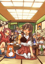 Rule 34 | 10s, 6+girls, :3, :d, admiral (kancolle), akagi (kancolle), alcohol, arm support, bandages, bare legs, barefoot, beer, black eyes, black gloves, black hair, black vest, blue one-piece swimsuit, blue skirt, blush, blush stickers, bottle, breasts, brown eyes, brown hair, budget sarashi, ceiling light, character name, chitose (kancolle), chopsticks, cleavage, closed eyes, closed mouth, collar, collared shirt, covered navel, cup, dark-skinned female, dark skin, drinking glass, drunk, elbow gloves, fingerless gloves, flying sweatdrops, full-face blush, full body, glasses, gloves, grin, hairband, hamster, hand on own cheek, hand on own face, hat, head rest, headband, holding, holding cup, houshou (kancolle), i-19 (kancolle), ice, ice cube, indoors, japanese clothes, jug (bottle), jun&#039;you (kancolle), kantai collection, kimono, kirisawa juuzou, long sleeves, looking at viewer, medium breasts, multiple girls, muneate, musashi (kancolle), nagato (kancolle), name tag, non-human admiral (kancolle), one-piece swimsuit, open mouth, painting (object), parted lips, peaked cap, pillow, plate, pleated skirt, pola (kancolle), purple eyes, purple hair, red shirt, red skirt, rimless eyewear, sake, sake bottle, sarashi, school swimsuit, scroll, seiza, shirt, short hair, short sleeves, silver hair, sitting, skirt, sleeves past elbows, sleeves rolled up, smile, soles, spread legs, swimsuit, table, tatami, teeth, thighhighs, topless, twintails, vest, white hat, white legwear, white shirt, wing collar, zara (kancolle)