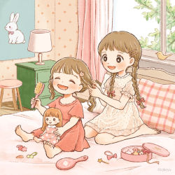 Rule 34 | 3girls, :d, adjusting another&#039;s hair, animal, barefoot, bed, bedroom, bird, braid, brown hair, brushing hair, chest of drawers, child, collar, comb, curtains, day, doll, dress, floral print, frilled dress, frills, hair bobbles, hair brush, hair ornament, hairclip, hairpin, hand mirror, happy, holding, holding comb, holding doll, holding hair brush, indoors, lamp, lampshade, long hair, looking at another, medium hair, mirror, multiple girls, multiple hairpins, on bed, open mouth, original, pillow, pink curtains, pink dress, pink ribbon, plant, puffy short sleeves, puffy sleeves, rabbit, red dress, ribbon, short sleeves, siblings, single braid, sisters, sitting, skylight, smile, star (symbol), star hair ornament, stool, tokoyu, twin braids, twintails, two-tone dress, unworn hair ornament, unworn hairclip, wallpaper (object), wariza, white collar, window, wooden stool