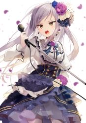 Rule 34 | 1girl, bad id, bad pixiv id, bang dream!, black pantyhose, blue dress, blue flower, blurry, blurry background, commentary request, cowboy shot, dress, flower, grey hair, hair flower, hair ornament, highres, holding, holding microphone, long hair, long sleeves, microphone, microphone stand, minato yukina, open mouth, pantyhose, pink flower, ribbon, rose, simple background, solo, teeth, upper teeth only, white background, white dress, white flower, yellow eyes, yuhi (hssh 6)