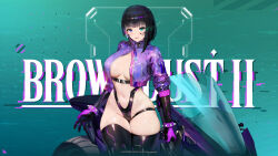 1girl absurdres belt black_gloves black_hair blush breasts brown_dust_(series) brown_dust_2 cleavage closed_mouth copyright_name cropped_jacket eyebrows_hidden_by_hair gloves green_eyes groin harness heterochromia highres holding holding_sword holding_weapon jacket large_breasts lipstick luvencia_(brown_dust) makeup mechanical_legs motor_vehicle motorcycle official_art official_wallpaper partially_unzipped purple_eyes purple_jacket second-party_source short_hair skindentation smile solo spiked_gloves sword thigh_strap weapon