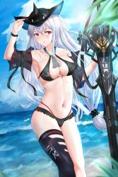 Rule 34 | 1girl, a-by, absurdres, arknights, arm up, armpits, bare arms, bare shoulders, beach, bikini, black bikini, black hat, breasts, cleavage, collarbone, commentary, halterneck, hat, highres, holding, holding weapon, long hair, looking at viewer, looking to the side, low-tied long hair, medium breasts, navel, ocean, red eyes, silver hair, skadi (arknights), solo, standing, stomach, string bikini, swimsuit, sword, thighs, very long hair, weapon