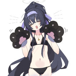 Rule 34 | 1girl, = =, animal hands, armpit crease, bikini, black bikini, black hair, blue archive, blue hairband, blue ribbon, breasts, closed eyes, collarbone, commentary, cowboy shot, crossed bangs, gloves, hair between eyes, hair ribbon, hairband, halo, head tilt, high ponytail, highres, jewelry, kilabo, long hair, messy hair, navel, necklace, o-ring, o-ring bikini, official alternate costume, open mouth, paw gloves, ribbon, sidelocks, sketch, small breasts, solo, stomach, sweat, swimsuit, thigh gap, ui (blue archive), ui (swimsuit) (blue archive), very long hair