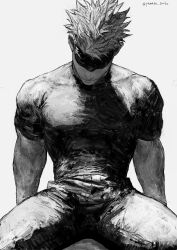 Rule 34 | 1boy, arms behind back, belt, black blindfold, black shirt, blindfold, closed mouth, covered eyes, cowboy shot, gojou satoru, greyscale, head down, highres, jujutsu kaisen, kuwoniagyu11112, male focus, monochrome, pants, shirt, short hair, short sleeves, simple background, sitting, solo, spread legs, tight clothes, tight shirt, toned, toned male, twitter username, white hair