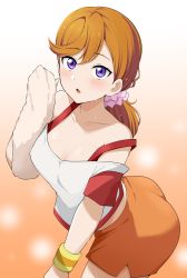 Rule 34 | 1girl, barkhorn0331, breasts, cleavage, collarbone, highres, looking at viewer, love live!, love live! superstar!!, open mouth, orange hair, orange shorts, purple eyes, shibuya kanon, shirt, shorts, solo, sweat, towel, white shirt