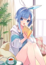 Rule 34 | 1girl, blue eyes, blue hair, book, bow, commentary request, hair bow, highres, jacket, looking at viewer, monokaki aer, open mouth, re aer, short hair, sitting, solo, table, virtual youtuber, window