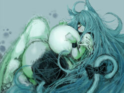 Rule 34 | 1girl, 2b-ge, ahoge, animal ears, ass, bags under eyes, blush, breasts, cat tail, chestnut mouth, female focus, fox ears, full body, green theme, grey background, hair over one eye, huge breasts, limited palette, long hair, looking at viewer, looking back, mei (2b-ge), messy hair, miniskirt, original, school uniform, shirt, sideboob, skirt, solo, spot color, standing, tail, thighhighs, w arms, white shirt, white thighhighs, wristband, zettai ryouiki