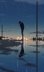 Rule 34 | 1boy, bad id, bad twitter id, black hair, brown footwear, cloud, covered face, crying, depressed, diffraction spikes, hands on own face, highres, male focus, mizumi zumi, original, outdoors, puddle, rain, reflection, solo, standing, utility pole, water, wet, wide shot