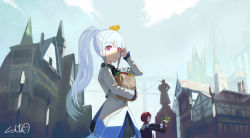 Rule 34 | 2girls, absurdres, ange katrina, animal, animal on head, bag, bird, bird on head, black coat, black skirt, blue hair, blue sky, building, city, coat, commentary request, day, dress, highres, holding, holding bag, lize helesta, long hair, long sleeves, looking at viewer, multiple girls, nicporim, nijisanji, on head, outdoors, parted lips, pink eyes, ponytail, red hair, shade, shopping bag, short hair, signature, skirt, sky, statue, virtual youtuber, white dress