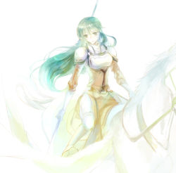 Rule 34 | 1girl, armor, boots, breastplate, dress, elbow gloves, erinys (fire emblem), fire emblem, fire emblem: genealogy of the holy war, gloves, green eyes, green hair, kuzumosu, long hair, nintendo, orange dress, pegasus, pegasus knight uniform (fire emblem), polearm, simple background, solo, spear, weapon, white background