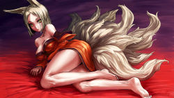 Rule 34 | 1girl, animal ears, bare shoulders, barefoot, blonde hair, breasts, cleavage, cony (la locura), fox ears, looking back, lying, multiple tails, nail polish, original, solo, tail, yellow eyes
