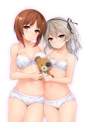 Rule 34 | 2girls, animal print, bad id, bad pixiv id, bandages, bear panties, bear print, black ribbon, blush, boko (girls und panzer), bow, bow bra, bra, breasts, brown eyes, brown hair, cleavage, closed mouth, collarbone, commentary request, girls und panzer, hair ribbon, harino646, highres, holding, holding stuffed toy, light brown hair, long hair, looking at viewer, medium breasts, multiple girls, navel, nishizumi miho, panties, print bra, print panties, ribbon, shimada arisu, short hair, side ponytail, simple background, small breasts, smile, standing, stuffed animal, stuffed toy, teddy bear, underwear, underwear only, white background, white bra, white panties