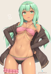 Rule 34 | 1girl, armpits, bare shoulders, bikini, black bikini, black jacket, breasts, collarbone, cowboy shot, dark skin, dark-skinned female, female focus, gluteal fold, green eyes, green hair, grey background, groin, halterneck, hands on own hips, jacket, bridal garter, long hair, long sleeves, looking at viewer, low twintails, medium breasts, mismatched bikini, navel, off shoulder, open clothes, open jacket, open mouth, original, pink bikini, sasaame, simple background, solo, standing, stomach, string bikini, swimsuit, thighs, twintails