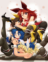 Rule 34 | 4girls, animal ears, ass, blonde hair, blue eyes, blue hair, bow, bowtie, grabbing another&#039;s breast, breasts, brown eyes, brown hair, cleavage, commentary request, fake animal ears, glasses, grabbing, heart, heart in mouth, high heels, highres, large breasts, leotard, long hair, multiple girls, open mouth, original, pantyhose, playboy bunny, rabbit ears, rabbit tail, ranbu hararin, red eyes, red hair, sharp teeth, shoe dangle, teeth, thigh grab, thigh strap, yuri