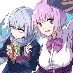 Rule 34 | 1boy, 1girl, :d, absurdres, arm up, bendy straw, black jacket, blue background, bow, breasts, cellphone, character request, closed mouth, collared shirt, dress shirt, drinking straw, egg, food, grey hair, grey scarf, gridman universe, highres, holding, holding food, holding phone, jacket, locked arms, long sleeves, looking at viewer, loup, medium breasts, off shoulder, open clothes, open jacket, open mouth, phone, pink bow, pink hair, purple hair, purple jacket, red eyes, scarf, selfie, shinjou akane, shirt, sleeves past wrists, smile, ssss.gridman, two-tone background, v-shaped eyebrows, white background, white shirt