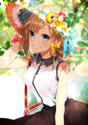 Rule 34 | 1girl, absurdres, aqua eyes, bag, bare arms, bare shoulders, black skirt, blue ribbon, breasts, brown hair, collared shirt, commentary, day, flower, gari (apollonica), grin, hand on headwear, hat, hat flower, hat ribbon, highres, jewelry, looking at viewer, medium breasts, necklace, original, ribbon, shirt, shoulder bag, skirt, sleeveless, sleeveless shirt, smile, solo, straw hat, sunlight, white shirt, wing collar
