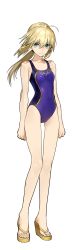 Rule 34 | 1girl, absurdres, ahoge, aqua eyes, artoria pendragon (all), artoria pendragon (fate), blonde hair, casual one-piece swimsuit, expressionless, fate/stay night, fate (series), feet, full body, high heels, highres, long hair, official alternate costume, official art, one-piece swimsuit, platform footwear, ponytail, saber (fate), saber (summer battle clothes) (fate), sandals, simple background, solo, standing, swimsuit, toes, wada arco, wedge heels, white background