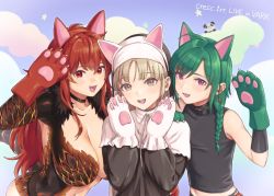 Rule 34 | 1other, 2girls, animal ears, animal hands, arm up, blonde hair, braid, breasts, cat ears, cat paws, choker, cleavage, cloud, dola (nijisanji), dragon girl, dragon tail, earrings, fake animal ears, gloves, green hair, group picture, habit, hand on shoulder, hands up, herio, jewelry, large breasts, multiple girls, nijisanji, nun, open mouth, panda, paw gloves, platinum blonde hair, purple eyes, red eyes, red hair, ryuushen, side braid, sister claire, sister claire (1st costume), standing, star (symbol), tail, virtual youtuber, yellow eyes
