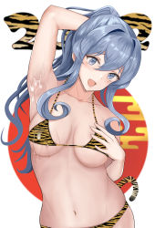 Rule 34 | 1girl, 2022, :d, absurdres, animal print, arm behind head, arm up, armpits, baji toufuu (bajitohfu), bikini, blue eyes, blue hair, collarbone, cum, cum on armpits, cum on body, gotland (kancolle), hair between eyes, hand on own chest, highres, kantai collection, long hair, looking at viewer, mole, mole under eye, open mouth, smile, solo, standing, swimsuit, tiger print, upper body, white background, yellow bikini