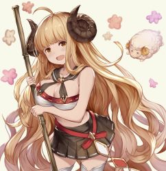 Rule 34 | 10s, 1girl, :d, ahoge, anila (granblue fantasy), bad anatomy, bad hands, bamboo broom, black skirt, blonde hair, blush, breasts, broom, cleavage, draph, granblue fantasy, horns, large breasts, lialight, long hair, looking at viewer, midriff, open mouth, pleated skirt, poorly drawn, sheep, sheep horns, skirt, smile, solo, standing, very long hair, yellow eyes