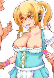 Rule 34 | 1girl, 2boys, bad id, bad pixiv id, blonde hair, breasts, censored, chatdau, cleavage, corset, dirndl, double handjob, drooling, german clothes, group sex, handjob, heart, heart-shaped pupils, heart censor, large breasts, long hair, mmf threesome, multiple boys, multiple penises, naughty face, nipple slip, nipples, nitroplus, no bra, penis, red eyes, solo focus, super pochaco, symbol-shaped pupils, threesome, twintails
