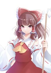 Rule 34 | 1girl, ascot, bare shoulders, bow, breasts, brown hair, commentary request, cowboy shot, detached sleeves, frilled bow, frilled hair tubes, frilled shirt collar, frills, gohei, hair bow, hair tubes, hakurei reimu, hand on own hip, highres, holding, holding stick, long hair, long sleeves, looking at viewer, medium breasts, o3o, pink eyes, red bow, red skirt, red vest, sidelocks, simple background, skirt, solo, stick, tororokonbu (agumo555), touhou, vest, white background, wide sleeves, yellow ascot