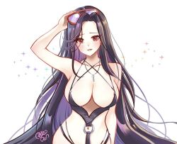 1girl bikini black_bikini blue-tinted_eyewear breasts collarbone colored_inner_hair goddess_of_victory:_nikke key long_hair maiden_(nikke) maiden_(under_the_sun)_(nikke) multicolored_hair navel nekoponart o-ring o-ring_swimsuit purple_hair red_eyes simple_background solo sunglasses swimsuit tinted_eyewear very_long_hair white_background