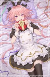Rule 34 | 1boy, absurdres, astolfo (fate), astolfo (saber) (fate), astolfo (saber) (third ascension) (fate), azaka (rionrita), black headwear, black thighhighs, blush, bow, box, fate/apocrypha, fate/grand order, fate (series), from above, gift, hair bow, heart, heart-shaped box, highres, holding, holding gift, long hair, low twintails, lying, maid, male focus, multicolored hair, on back, on bed, pink hair, purple eyes, solo, streaked hair, thighhighs, trap, twintails, white hair, wrist cuffs