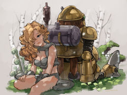 Rule 34 | 1girl, 1other, arms behind back, ayla (chrono trigger), bare shoulders, blonde hair, breasts, cavewoman, chrono trigger, cleavage, closed mouth, commentary, curly hair, facing away, fake tail, from behind, green eyes, hair over one eye, hand warmer, highres, long hair, looking at viewer, medium breasts, mushroom, outdoors, plant, robo (chrono trigger), robot, scarf, shiny skin, sitting, skirt, tail, thighs, tree, uzutanco