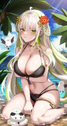 Rule 34 | 1girl, absurdres, ahoge, angry, animal, artist request, beach, bird, blue sky, blush, breasts, character request, cloud, cloudy sky, copyright request, crossed arm, day, earrings, gold, green hair, highres, jewelry, kneeling, large breasts, leaf, long hair, looking at viewer, multicolored hair, navel, ocean, palm tree, rock, sand, serious, sky, sunlight, swimsuit, tree, two-tone hair, virtual youtuber, water, wet, white hair
