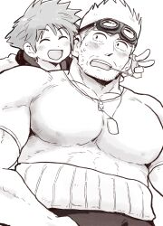 Rule 34 | 2boys, bara, beard stubble, blush, cid highwind, cosplay, dog tags, facial hair, final fantasy, final fantasy vii, goggles, goggles on head, greyscale, highres, hoshieda (hoshinoedao), jewelry, kingdom hearts, large pectorals, looking at another, male focus, monochrome, multiple boys, muscular, muscular male, necklace, one piece, open mouth, pectorals, roronoa zoro, roronoa zoro (cosplay), shirt, short hair, smile, sora (kingdom hearts), spiked hair, stubble, upper body