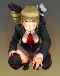 Rule 34 | 1girl, bad id, bad pixiv id, blonde hair, blunt bangs, blush, boots, bow, breasts, chitose (ranranruuu117), closed eyes, covered erect nipples, drill hair, eyes visible through hair, full body, green eyes, hair ribbon, haishima isari, hand on own knee, hat, hat bow, heterochromia, highres, leaning forward, long sleeves, looking at viewer, medium breasts, mini hat, mini top hat, pleated skirt, ribbon, school girl strikers, short hair, side drill, sidelocks, skirt, squatting, tears, thigh boots, thighhighs, top hat, wet, wet clothes, yellow eyes