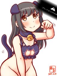 Rule 34 | 1girl, alternate costume, animal ears, artist logo, bell, black hair, bottomless, bra, breasts, brown eyes, cat cutout, cat ears, cat lingerie, cat tail, censored, choker, cleavage, cleavage cutout, clothing cutout, cowboy shot, dated, frilled bra, frills, hair between eyes, hayashio (kancolle), jingle bell, kanon (kurogane knights), kantai collection, lingerie, long hair, meme attire, mole, mole under eye, neck bell, novelty censor, one-hour drawing challenge, out-of-frame censoring, outside of play area, paw pose, purple bra, simple background, small breasts, solo, tail, underwear, underwear only, white background