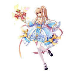 Rule 34 | 1girl, arch bishop (ragnarok online), black footwear, blonde hair, blue dress, bow, breasts, cleavage, cleavage cutout, closed mouth, clothing cutout, crosier, cross, dress, dress bow, frilled dress, frilled sleeves, frills, full body, heart, high side ponytail, highres, holding, holding staff, leona (pixiv), long hair, medium bangs, medium breasts, official alternate costume, official art, ragnarok online, red eyes, shoes, sidelocks, simple background, smile, solo, sparkle, staff, standing, standing on one leg, tachi-e, thighhighs, transparent background, two-tone dress, white dress, white thighhighs, yellow bow