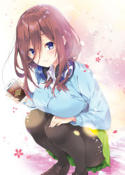 Rule 34 | 1girl, black pantyhose, blue cardigan, blue eyes, blush, breasts, brown footwear, brown hair, cardigan, cellphone, collared shirt, commentary request, dress shirt, fingernails, go-toubun no hanayome, green skirt, hair between eyes, headphones, headphones around neck, highres, holding, holding phone, large breasts, loafers, long hair, long sleeves, mocha (naturefour), nakano miku, pantyhose, parted lips, petals, phone, pleated skirt, shirt, shoes, skirt, solo, squatting, white shirt