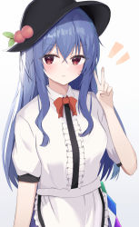 Rule 34 | 1girl, :&gt;, absurdres, aohane, apron, arm at side, arm up, bad hands, black hat, blue hair, blush, bow, bowtie, breasts, center frills, closed mouth, collared shirt, crossed bangs, dot nose, eyelashes, feet out of frame, frilled apron, frills, fruit hat ornament, hair between eyes, hat, highres, hinanawi tenshi, leaf, looking at viewer, medium breasts, notice lines, peach hat ornament, puffy short sleeves, puffy sleeves, rainbow order, red bow, red bowtie, red eyes, shirt, short sleeves, sidelocks, simple background, smile, solo, standing, touhou, upper body, v, white background, wing collar