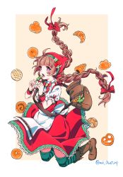 Rule 34 | 1girl, ahoge, apron, artist name, bag, bandana, biscuit, blouse, blue cattail, boots, bow, bowtie, braid, bread, brown hair, dango, food, food-themed hair ornament, full body, green thighhighs, hair ornament, highres, long hair, melon bread, open mouth, outside border, purple eyes, shirt, shoulder bag, simple background, solo, star-shaped pupils, star (symbol), striped clothes, striped thighhighs, symbol-shaped pupils, tales of erin, teeth, thighhighs, twin braids, upper teeth only, vladimira, wagashi, white background, white shirt