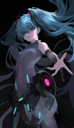 Rule 34 | 1girl, absurdres, aqua eyes, aqua hair, black background, breasts, commentary, cowboy shot, elbow gloves, gloves, grey thighhighs, hatsune miku, hatsune miku (append), highres, hip gear, long hair, looking at viewer, looking down, navel, parted lips, reaching, reaching towards viewer, saz8720, shirt, sleeveless, sleeveless shirt, small breasts, solo, standing, thighhighs, twintails, very long hair, vocaloid, vocaloid append, white shirt