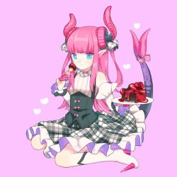 Rule 34 | 10s, 1girl, blue eyes, blush, cake, elizabeth bathory (fate), elizabeth bathory (fate/extra ccc), elizabeth bathory (second ascension) (fate), fate/extra, fate/extra ccc, fate (series), food, fork, full body, horns, long hair, munuko, pink hair, pointy ears, smile, solo, tail