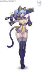 Rule 34 | 1girl, animal ears, belt pouch, blue eyes, blue hair, boots, breastless clothes, breasts, cat ears, cleft of venus, colored pubic hair, elbow gloves, elbow pads, facial mark, female pubic hair, food, gloves, huge weapon, knee boots, matching hair/eyes, medium breasts, nipples, no panties, original, over shoulder, popsicle, pouch, project mekanizer, pubic hair, pussy, sidelocks, simple background, solo, standing, sword, tail, thigh gap, thighhighs, twintails, uncensored, weapon, weapon over shoulder, whisker markings, zeronis