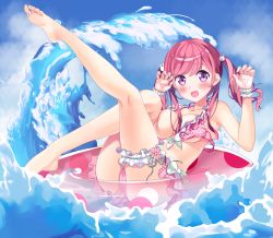 Rule 34 | 1girl, areola slip, barefoot, bikini, blush, feet, highres, innertube, leg up, long hair, looking at viewer, one breast out, open mouth, original, pink hair, purple eyes, soles, splashing, swim ring, swimsuit, toes, twintails, water