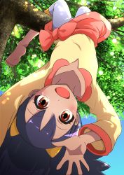 Rule 34 | 1girl, absurdres, anime coloring, barefoot, blush, bow, breasts, brown eyes, cleavage, collarbone, creatures (company), dark skin, dark-skinned female, flat chest, game freak, hair bow, hanging from tree, highres, in tree, iris (pokemon), long hair, looking at viewer, negimiso1989, nintendo, open mouth, outdoors, pokemon, pokemon (anime), pokemon bw (anime), purple hair, sky, smile, solo, tree, branch, upside-down, waving