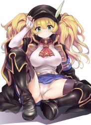 Rule 34 | 1girl, arm up, armband, bandaid, bandaid on face, black coat, black footwear, black hat, blonde hair, blue skirt, blush, boots, breasts, bridal gauntlets, brown thighhighs, closed mouth, coat, collared coat, granblue fantasy, green eyes, hair between eyes, hand on headwear, hat, hat feather, head tilt, highres, knee boots, kztk, large breasts, long hair, long sleeves, looking at viewer, monika weisswind, open clothes, open coat, panties, peaked cap, pleated skirt, red neckwear, shirt, sidelocks, simple background, sitting, skirt, solo, spread legs, thighhighs, twintails, underwear, white background, white panties, white shirt, wide sleeves, wing collar