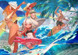 Rule 34 | 1boy, 3girls, arurandeisu, barefoot, beard, bikini, black hair, black ribbon, blonde hair, blue eyes, blue sky, breasts, closed mouth, cloud, coconut tree, commentary request, crop top, dark-skinned female, dark skin, demon wings, earrings, facial hair, fang, fang out, flower, food, fruit, glasses, green bikini, green shorts, grey hair, grey skirt, hair over one eye, hair ribbon, hand on headwear, hand up, hat, hat flower, highres, holding, holding stuffed toy, hololive, holostars, jewelry, lack, lain paterson, large breasts, long hair, long sleeves, looking at viewer, makaino ririmu, medium hair, multicolored hair, multiple girls, muscular, muscular male, navel, nijisanji, one eye closed, open clothes, open mouth, open shirt, outdoors, outstretched arm, palm tree, pink innertube, pointy ears, rainbow, red eyes, red hair, red wings, ribbon, see-through, shiranui flare, shirt, short hair, short sleeves, shorts, skirt, sky, skyline, small breasts, smile, streaked hair, stuffed animal, stuffed bird, stuffed shark, stuffed toy, sun hat, surfboard, surfing, swept bangs, swimsuit, tan, teeth, tree, twintails, upper teeth only, v, very long hair, virtual youtuber, water, watermelon, white bikini, white flower, white headwear, white shirt, wings