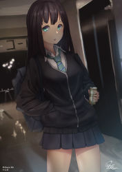 Rule 34 | 1girl, absurdres, bag, black jacket, blue eyes, blue necktie, blue skirt, brown hair, can, canned coffee, character name, collared shirt, commentary, cowboy shot, drink can, faiz azhar, hand in pocket, highres, holding, idolmaster, idolmaster cinderella girls, jacket, long hair, long sleeves, looking at viewer, necktie, parted lips, pleated skirt, school bag, shibuya rin, shirt, signature, skirt, solo, standing, white shirt